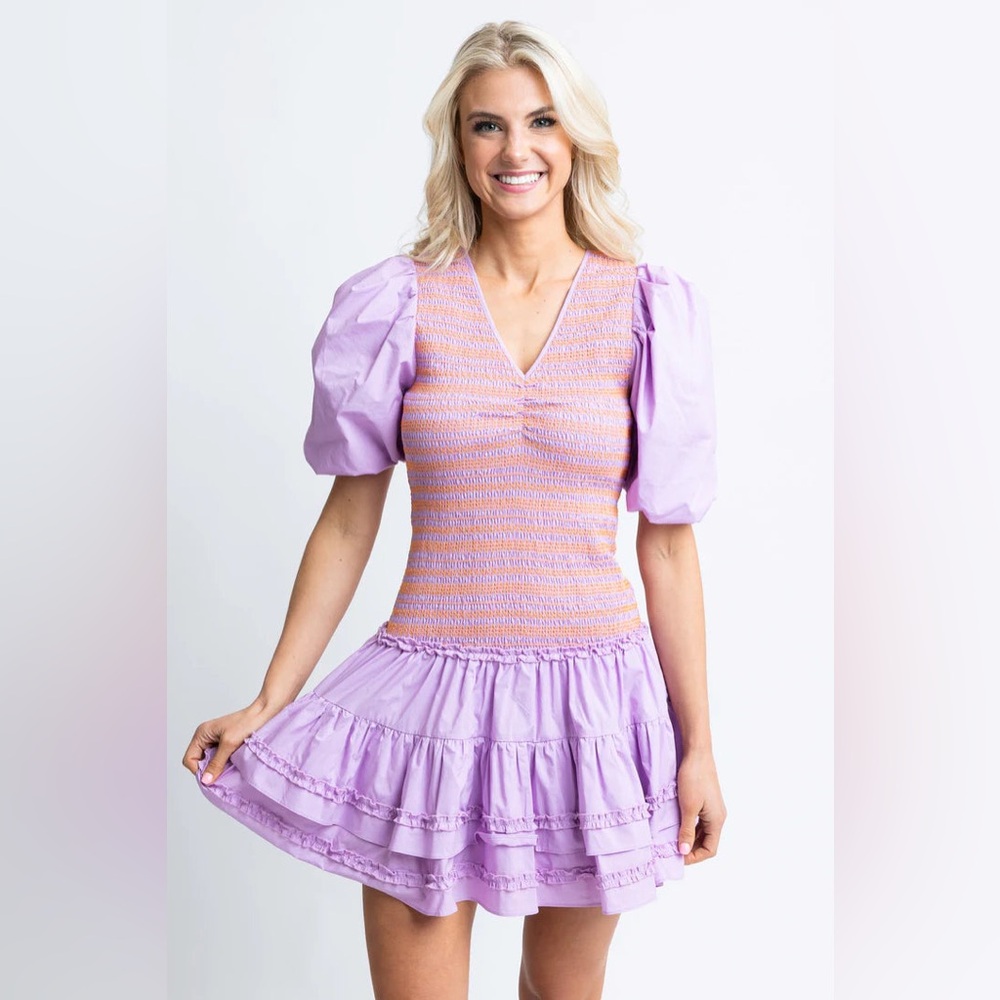Karlie Poplin Contrast Stitch Smocked Dress Lavender Pink Medium